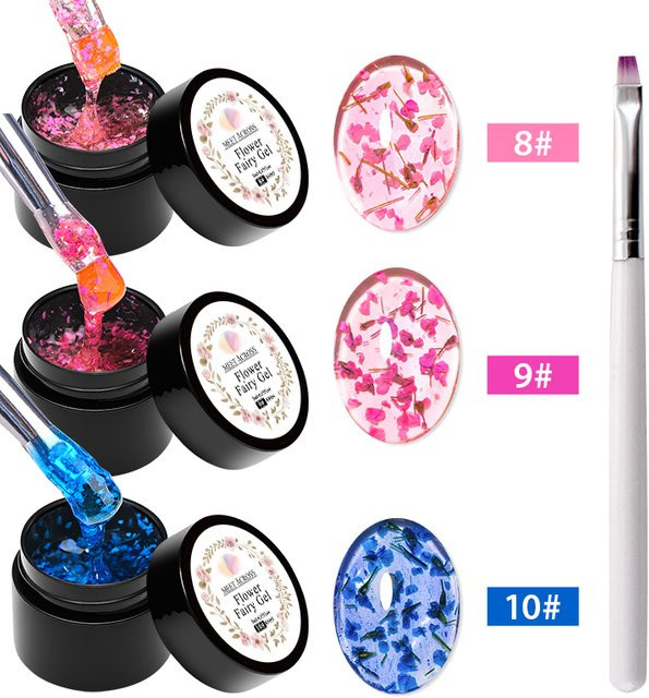 MEET ACROSS Nagelgel-Set mit getrockneten Blumen, Rot, Rosa, Blau, Nude, Glänzend - Bild 1