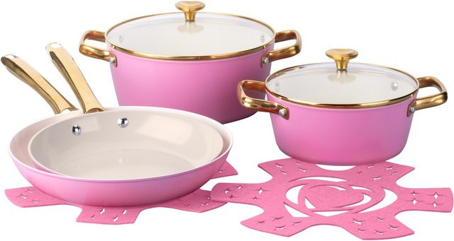 Paris Hilton Kochgeschirr-Set, 8-teilig, Pink, Beige und Gold, mit Antihaftbeschichtung aus Aluminium, Keramik, Glas und Edelstahl - Bild 1