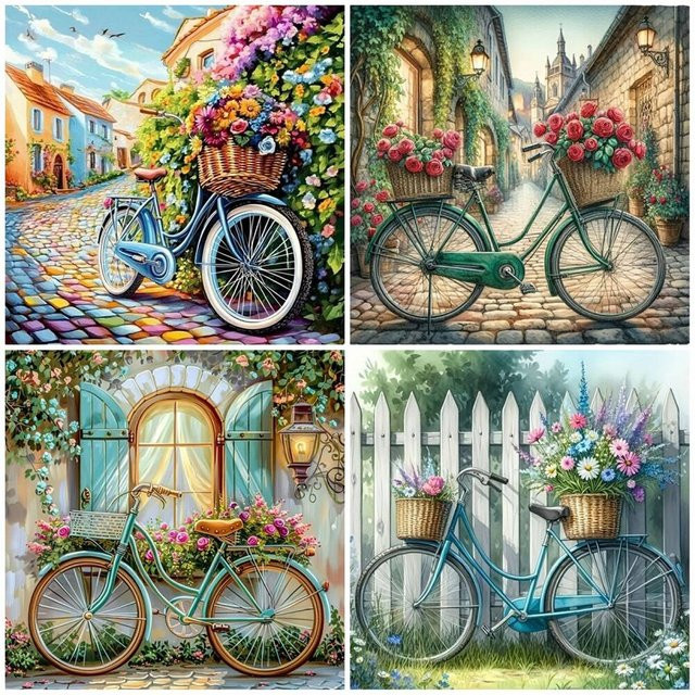 Potdemiel 5D Diamantmalerei Set mit Blumen und Fahrrad als Wanddeko in Multicolour, B/H: 20 x 20 cm - Bild 1