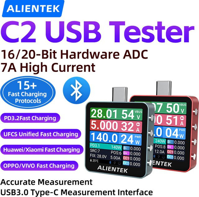 Alientek C2 USB-Tester Digitales Voltmeter und Ladedetektor mit PD3.2 Schnellladungserkennung und Batterietester in Schwarz - Bild 1