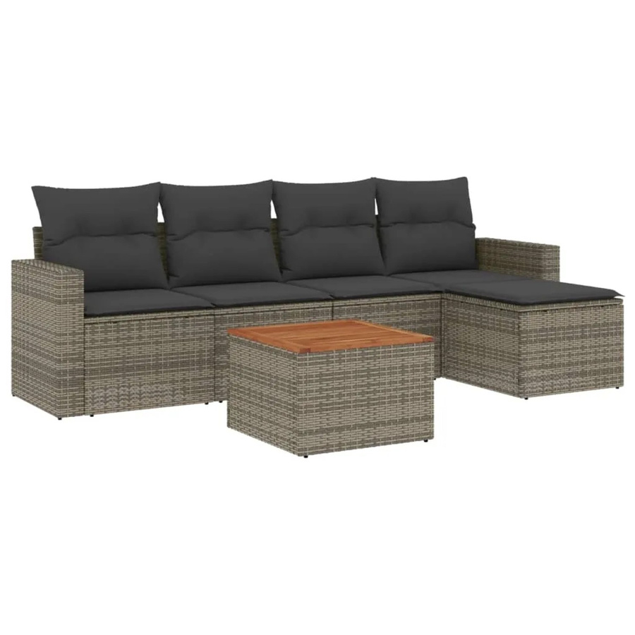 vidaXL 6-tlg Garten-Sofagarnitur Modell 30 aus grauem Poly-Rattan mit Kissen und Akazienholz - Bild 2
