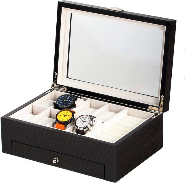 Rothenschild Uhren- und Schmuckbox RS-2271-GI für 8 Uhren in Schwarz mit Ginko-Design - Bild 1