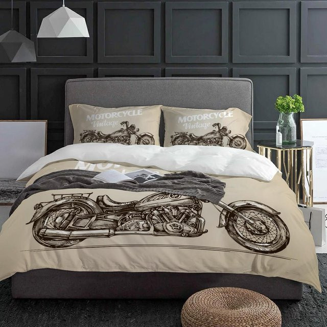 Binchi Fitness Bettwäsche Set Vintage Motorrad 3-teilig aus Mikrofaser in Beige, B/H: 155 x 215 cm - Bild 1