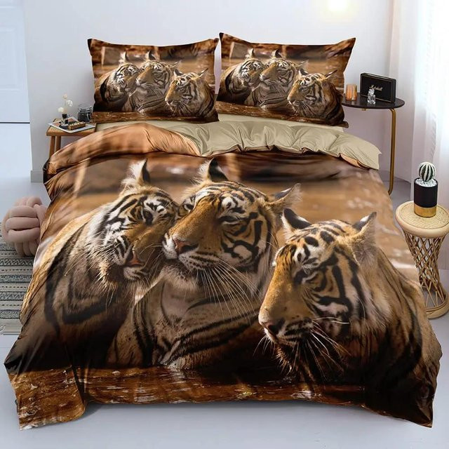 Lodestar Bettwäsche Set Tiger 3D Druck Wildtiere Design in Braun, Queen Größe, bestehend aus Bettbezug und Kissenbezug aus Mikrofaser - Bild 1