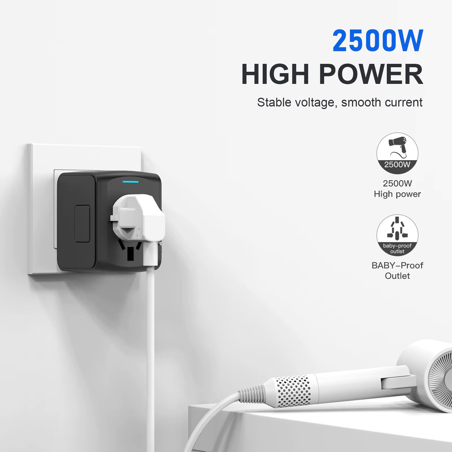 HKLAMIN Universeller Reiseadapter in Schwarz mit USB-C und USB-A Anschlüssen für Europa, Großbritannien, USA, Kanada und Australien - Bild 2