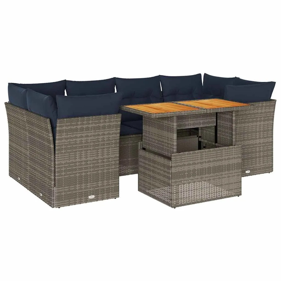 vidaXL 7-teilige Garten-Sofagarnitur in L-Form aus Polyrattan mit Kissen und Couchtisch, Grau - Bild 2
