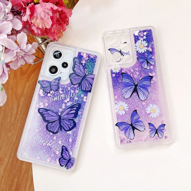 Glitzernde Handyhülle für Xiaomi Redmi Note 14 13 Pro Plus 12 12C 13C 11 15C A5 in Rosa mit Treibsand-Blumen-Schmetterlings-Design und Klarsicht-Effekt - Bild 1