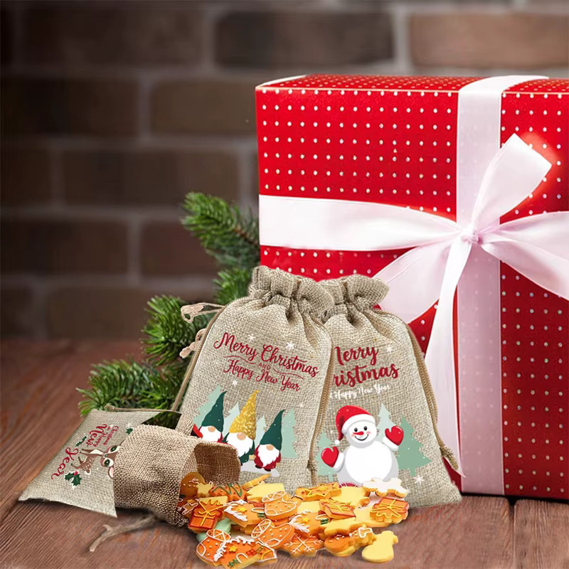6 Stück Weihnachts-Geschenktüten aus Jute in Beige mit Kordelzug als wiederverwendbare Geschenkverpackung für Kekse und Süßigkeiten - Bild 4
