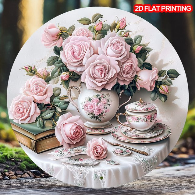 Potdemiel Vintage Wandschild aus Aluminium mit rosa Rosen, rundes Metall-Dekoschild für Garten und Hof, Durchmesser: 20,3 cm - Bild 1