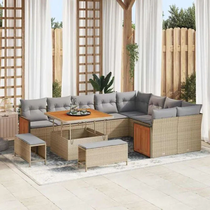 Vidaxl Garten-Sofa-Set aus 12 Teilen in Beige und Hellgrau, modernes modulares Loungemöbel mit Fußhocker, B/T/H: 100 x 100 x 71 cm - Bild 1