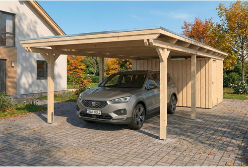 SKANHOLZ Carport Emsland aus Fichte mit Stahl-Dachplatten und Abstellraum, Farbe: beige, B: 402 cm, T: 846 cm - Bild 1