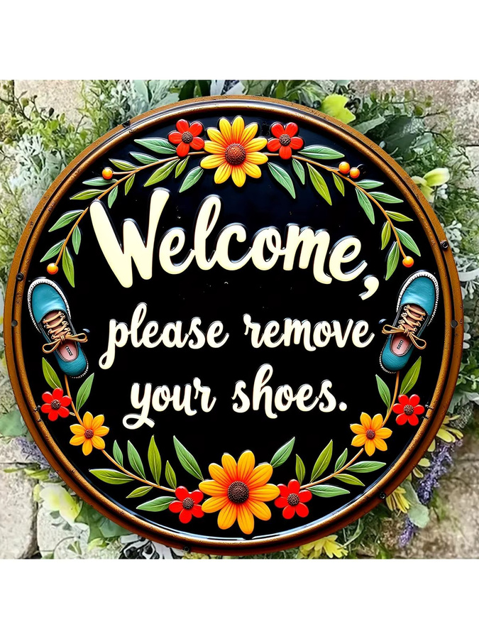 CIFBUY Rustikales Rundes Metall-Wandschild Bitte Entfernen Sie Ihre Schuhe in Schwarz mit Blumenmuster, Durchmesser: 20,32 cm - Bild 6