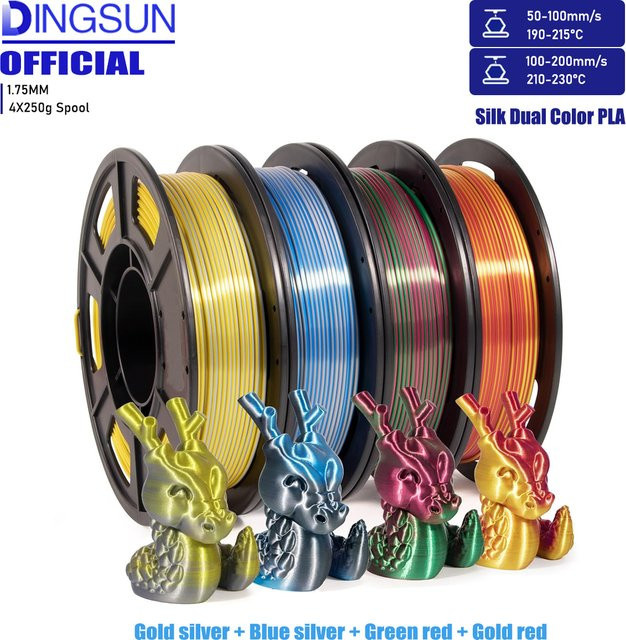 3D Maliang PLA-Filament Bundle, zweifarbiges Silk PLA für FDM-Drucker, 1,75 mm, Grün-Rot, 4 x 250 g - Bild 1