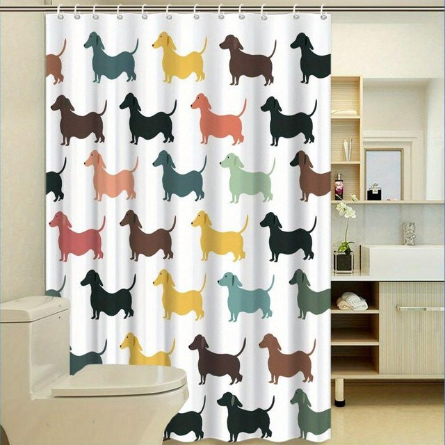 Duschvorhang mit Dackel-Motiv von Jessica Chen, bunt und verspielt, wasserdicht und schimmelresistent aus Polyester, B/H: 120 x 180 cm - Bild 1