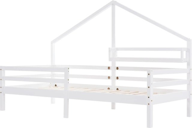 KOMHTOM Hausbett Kinderbett aus Kiefernholz mit Ablageregal in Weiß, Skandinavischer Stil, B/T/H: 200 x 90 x 138,5 cm - Bild 1