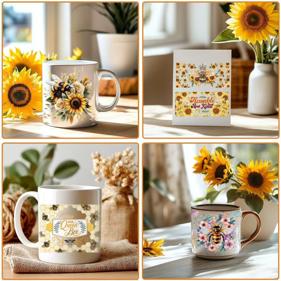 10 Blatt UV DTF Cup Wraps mit Sonnenblumen, Bienen und Wabenmustern, wasserfeste PVC Transfer Aufkleber in Multicolour für DIY-Projekte - Bild 3