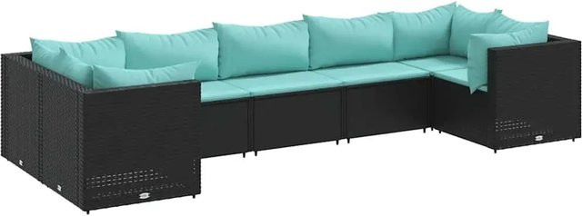 vidaXL 7-teiliges Garten-Lounge-Set in L-Form mit Kissen, Schwarz und Blau, aus Poly-Rattan und Metall - Bild 1