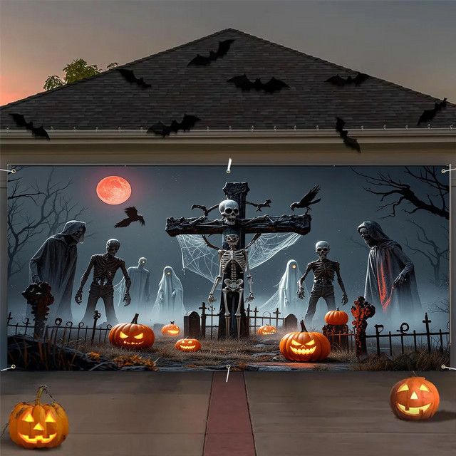 VIKAMA Halloween-Garagenflagge aus Polyester mit Schädel, Kürbis und Fledermaus-Design - Bild 1
