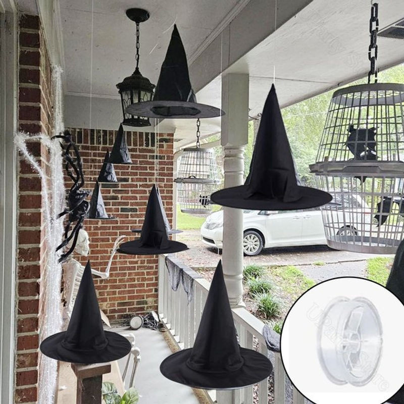 6er Set Halloween Hexenhüte aus MicroPlush in Schwarz mit Aufhängeschnur zur Dekoration - Bild 1