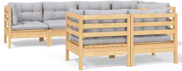vidaXL 7-teiliges Garten-Lounge-Set aus massivem Kiefernholz in L-Form mit grauen Polstern und Kissen - Bild 1