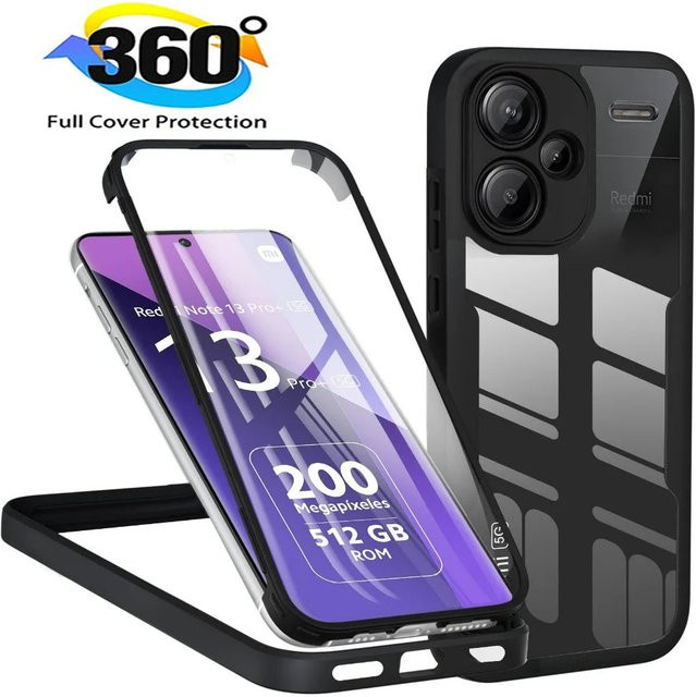 360 Full Body Schutzhülle für Xiaomi Redmi Note 14, 13, 12 Pro Plus 5G, Redmi 13 5G und A5 4G in Schwarz - Bild 1