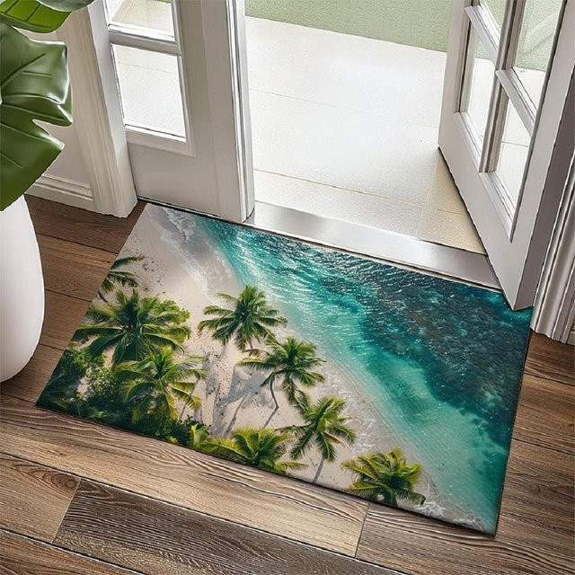 Rutschfeste Bodenmatte Lodestar mit Strandblick und Kokospalmen Motiv in Violett, B/B: 60 x 40 cm - Bild 1