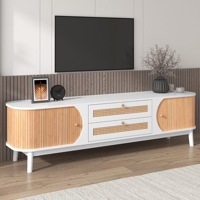 TV-Schrank aus Massivholz in Weiß im Landhausstil mit Rattan-Details und Schubladen, B: 170 cm, T: 39,5 cm, H: 46 cm - Bild 1