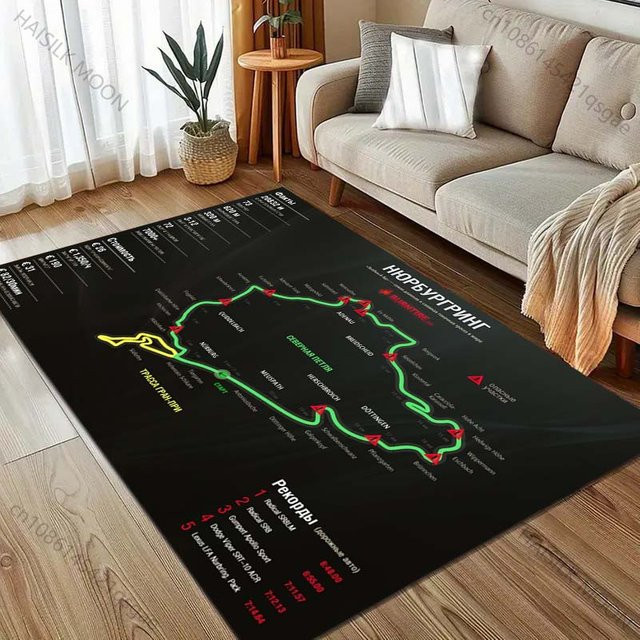 UQIDEHOME Teppich Nürburgring F1 Internationale Rennstrecke, Schwarz, B: 120 cm, T: 100 cm, Rutschfest und Waschbar - Bild 1