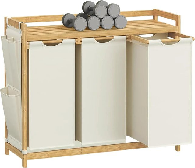 Songmics Wäschesammler Rocki mit 3 Fächern und 1 Ablage, Eiche-Weiß - Bild 1