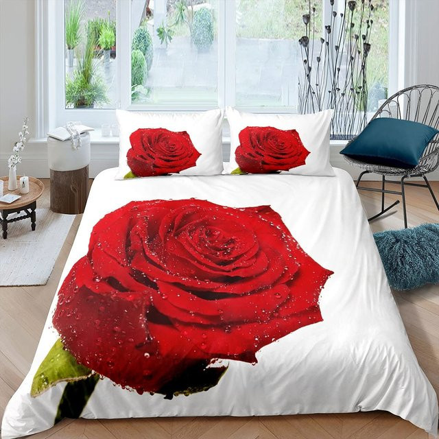 Bettwäsche-Set Your Warm Home mit Rosenblüten-Print in Rot und Weiß, bestehend aus 1 Bettbezug und 2 Kissenbezügen, B/H: 135 x 200 cm - Bild 1