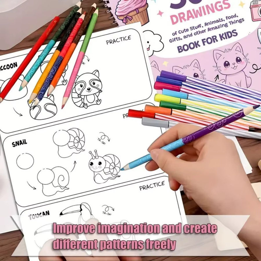 Zeichenbuch mit 300 Motiven wie Tieren und Essen in Blau und Multicolour für Kinder - Bild 3