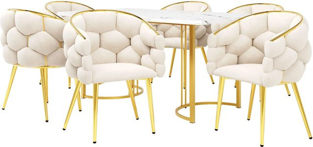 Merax Esstisch Set 7-teilig in Weiß mit Marmorplatte und goldenen Beinen, B/T/H: 140 x 80 x 75 cm - Bild 1