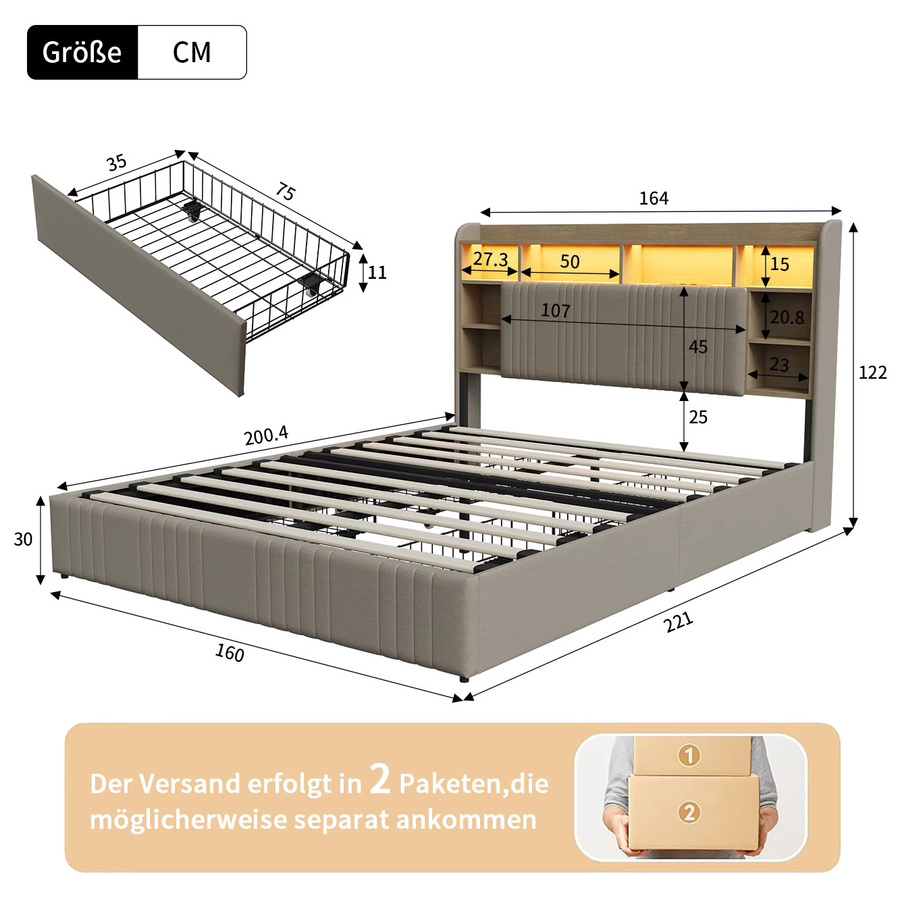 Superaly Plattformbett aus Leinen in Beige mit 4 Schubladen, LED-Beleuchtung, USB-Ladestation und Kopfteil mit Bücherregal, B/T: 160 x 200 cm - Bild 4