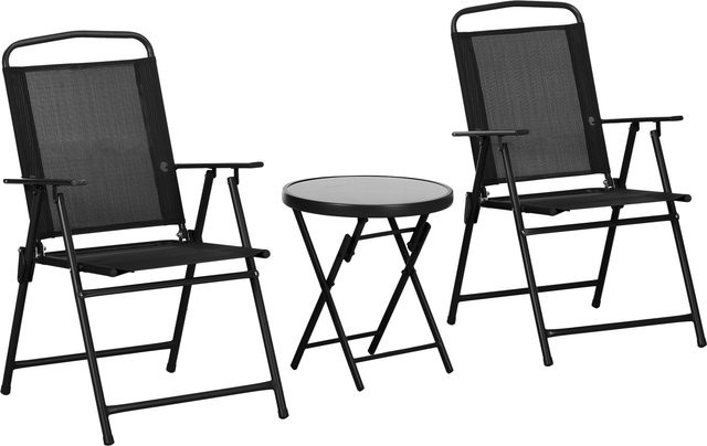 Outsunny Gartenbistro-Set 3-teilig in Schwarz mit 2 klappbaren Stühlen und rundem Glastisch - Bild 1