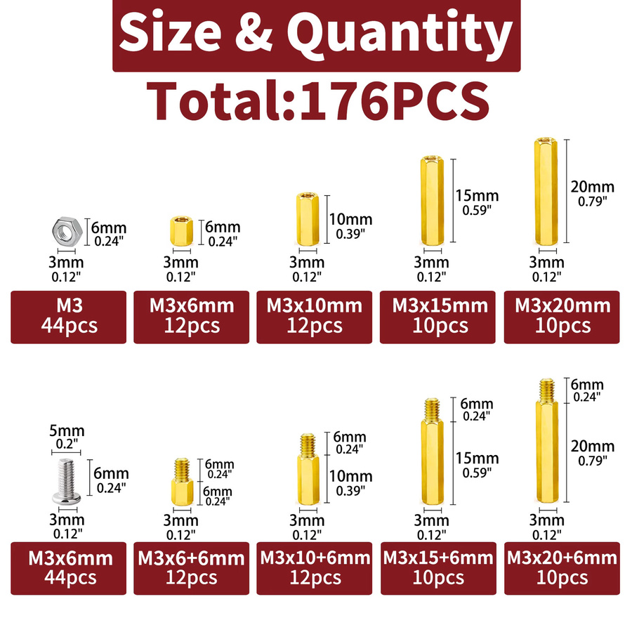 176-teiliges M3 Motherboard Abstandshalter Set aus Messing mit Schrauben und Muttern für DIY Computer Builds, Goldfarben - Bild 2