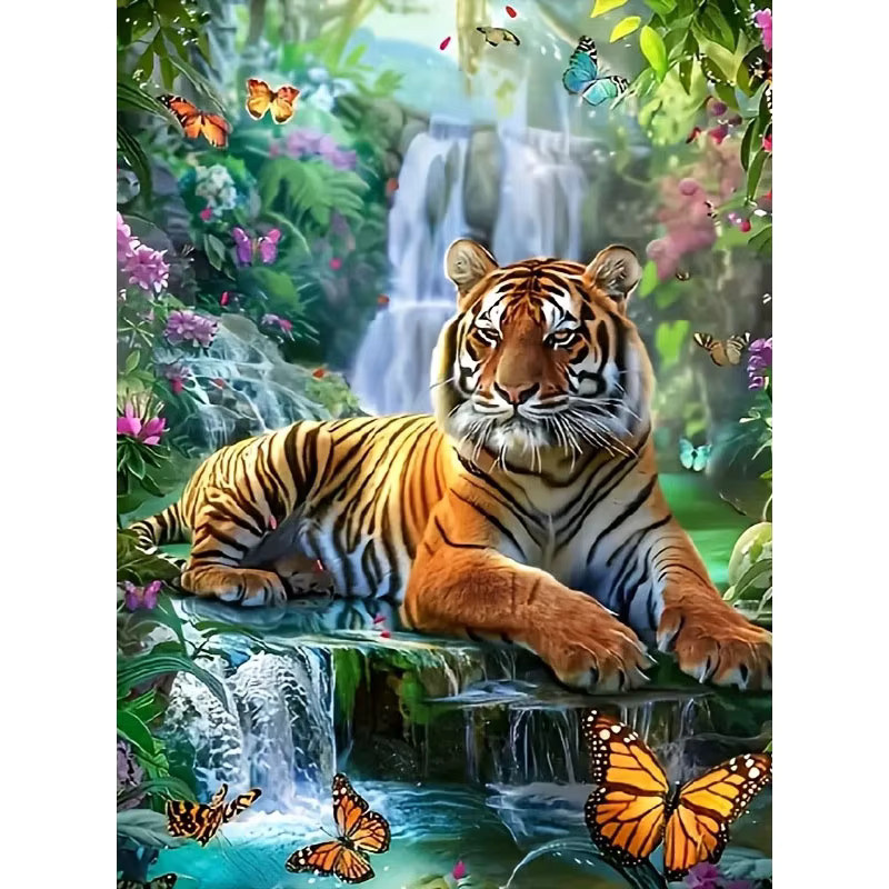 HUACAN 5D DIY Diamant-Mosaik Tiger und Wasserfall Landschaft mit runden Steinen, Multicolour, B/H: 30,0 x 20,0 cm - Bild 3