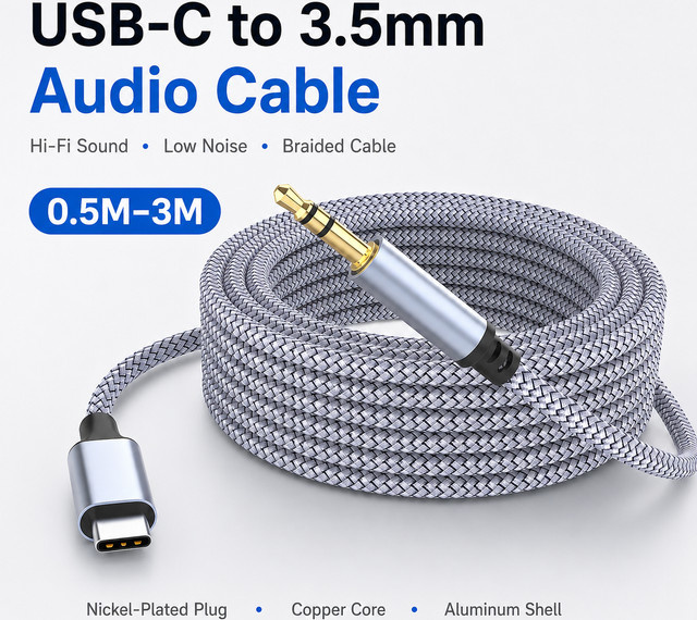 USB-C auf 3,5mm AUX Audiokabel in Schwarz, Geflochtener HiFi-Adapter für Kopfhörer, Lautsprecher und Auto-Stereoanlagen - Bild 1