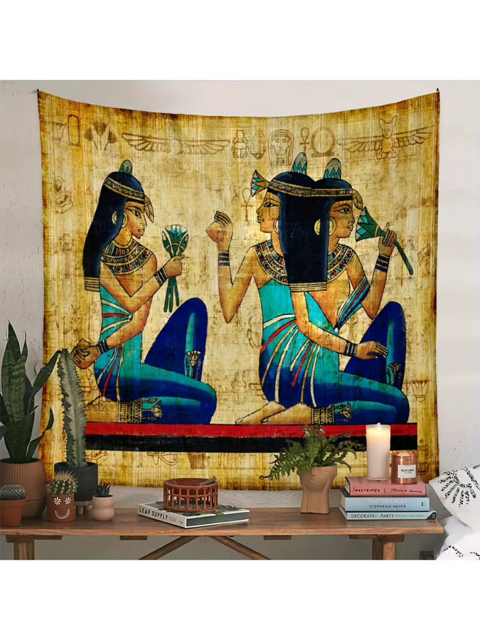VIKAMA Vintage Ägyptischer Wandteppich mit Hieroglyphen und Hofmädchen Motiv, Mehrfarbig, Rechteckig - Bild 3