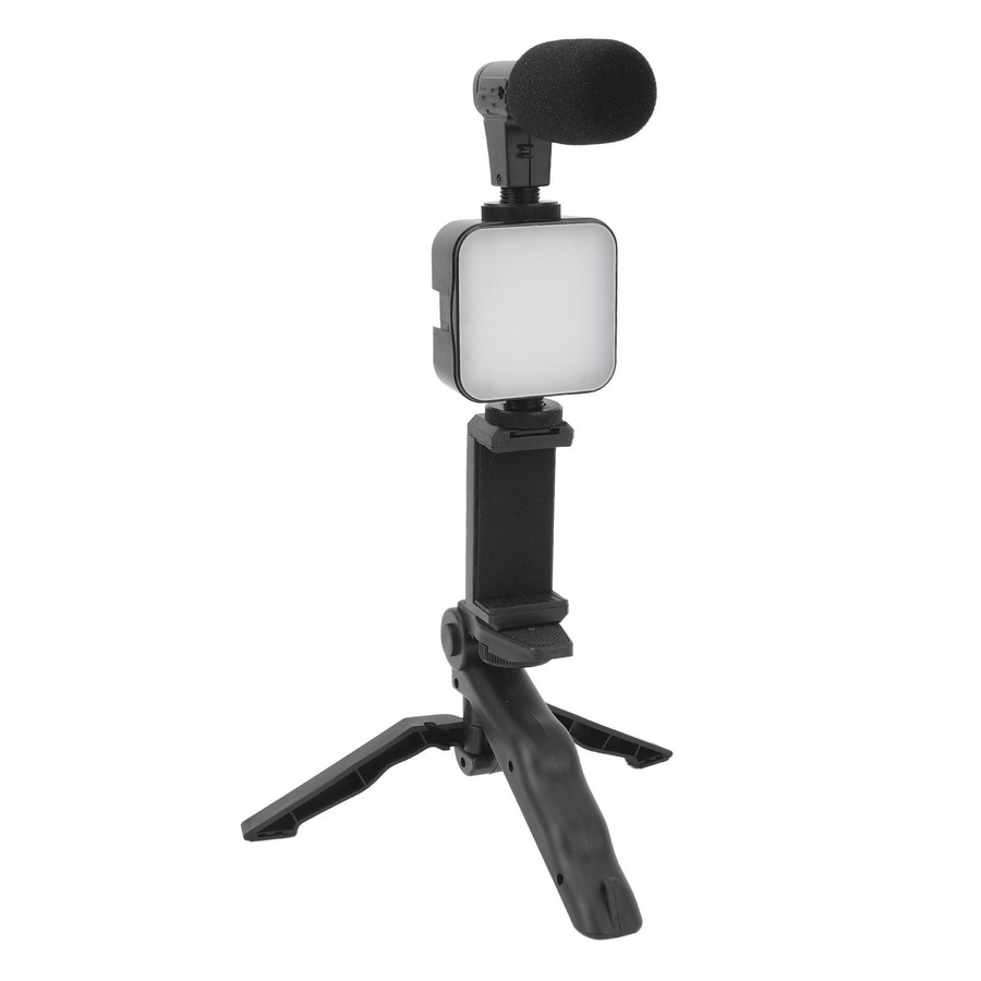 Smartphone Video Vlog Kit mit LED Fülllicht, Stativ und Mikrofon mit Geräuschunterdrückung in Schwarz - Bild 2
