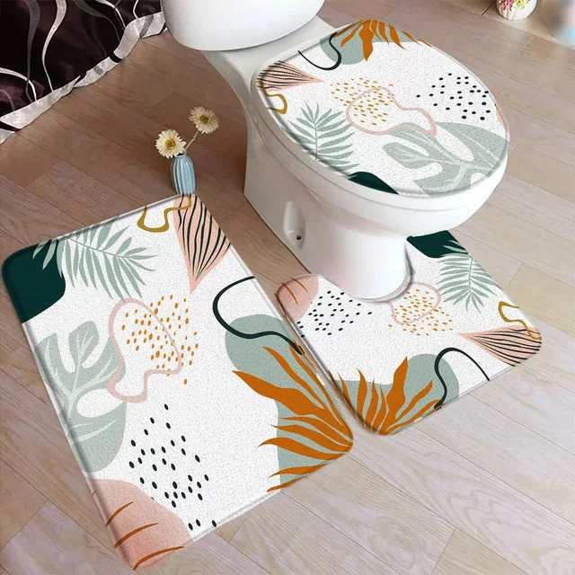 VIKAMA Flanell-Badematten-Set mit WC-Abdeckung im Boho-Design, Grün und Schwarz, geometrisches Blattmuster - Bild 1