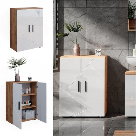 Vicco Badschrank Irma Badezimmerkommode in Eiche und Weiß Hochglanz, B/H: 60 x 81 cm
