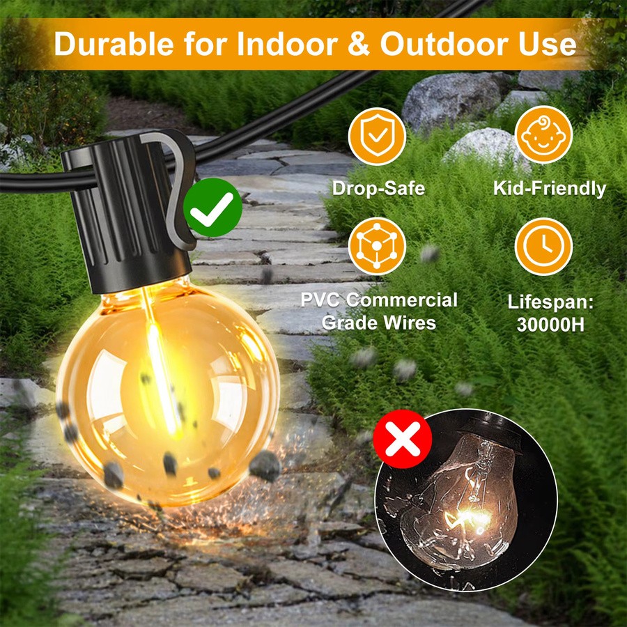 Bhony Solar-Lichterkette für den Außenbereich mit warmweißen LED-Glühbirnen, wasserdicht, dimmbar und mit Fernbedienung sowie Timer, transparente Glühbirnen - Bild 2