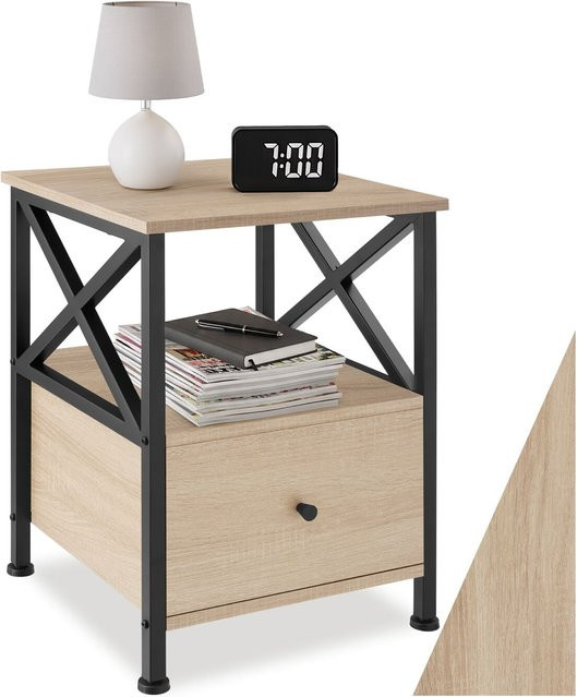 tectake Nachttisch im Industrial Style aus Holz und Stahl in Braun und Beige, B: 40 cm, T: 41,5 cm, H: 55,5 cm - Bild 1