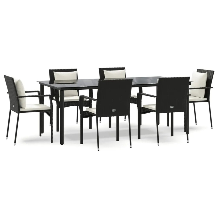 vidaXL 7-teilige Garten-Essgruppe aus Poly Rattan in Schwarz mit Tisch aus gehärtetem Glas und Kissen - Bild 2