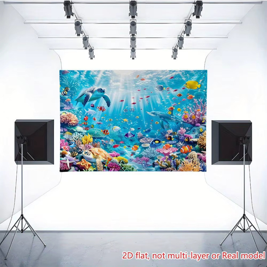 Maritimer 2D-Flachhintergrund mit Meeres-Schildkröten, Delfinen, Fischen und Korallenriffen in Multicolour für deine Party-Dekoration - Bild 2