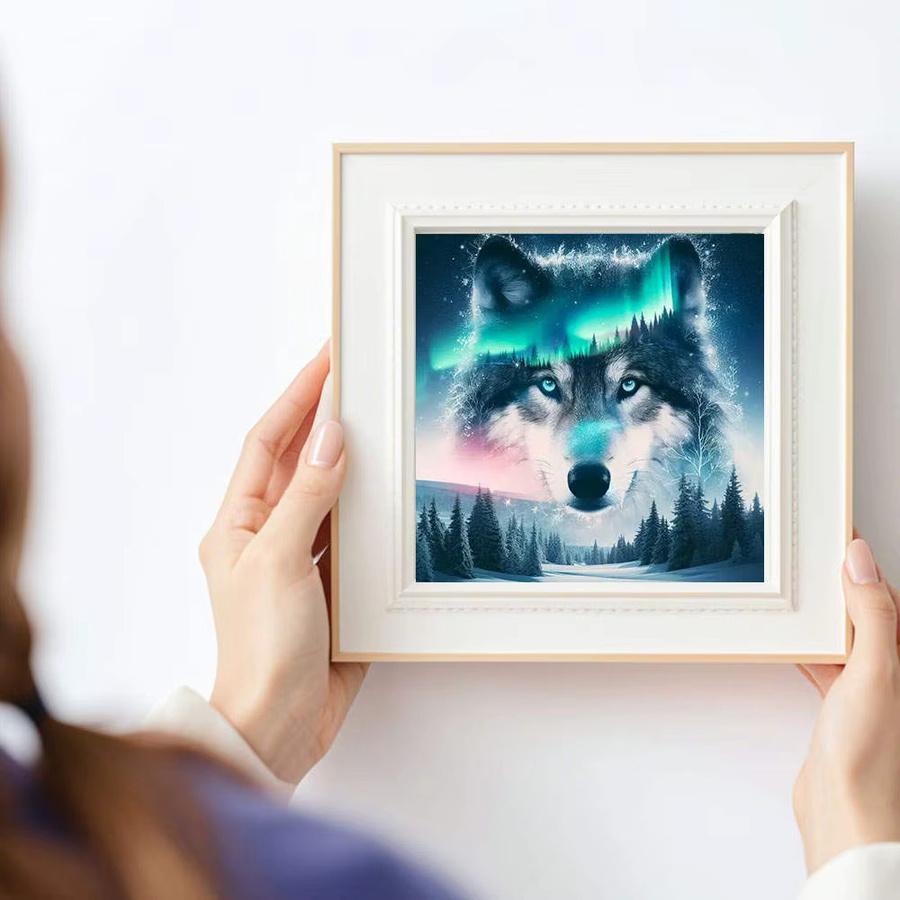 HUACAN DIY Diamant-Malerei Wolf in Nordlichter Landschaft als 5D Kristall Strass Stickerei Set in Multicolor - Bild 3