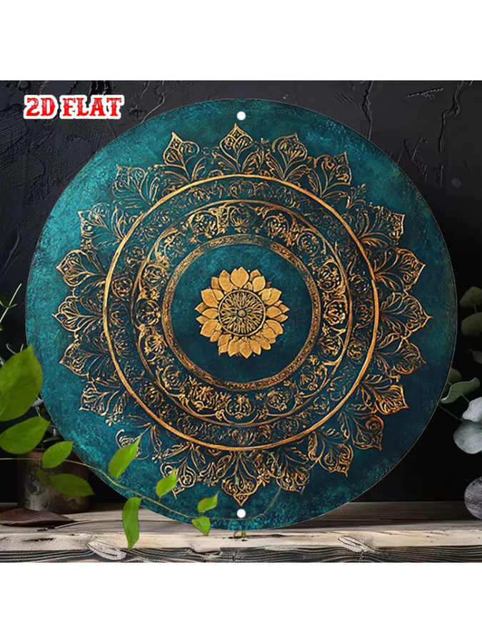 Rundes Vintage Blechschild HELLOYOUNG mit goldenem Lotus und türkisfarbenem Blumenmuster als Wanddekoration aus Metall - Bild 5