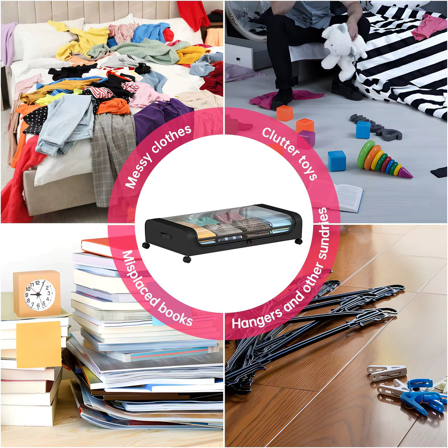 Untior Unterbett-Schrank aus Kunststoff in Schwarz, platzsparende ausziehbare Aufbewahrung mit Rollen für Kleidung und Schuhe - Bild 6