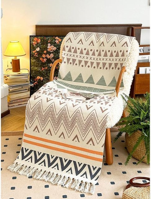 Retro Sofabezug aus Baumwolle und Leinen in Beige mit Grafikdesign, B/H: 60 x 130 cm - Bild 1
