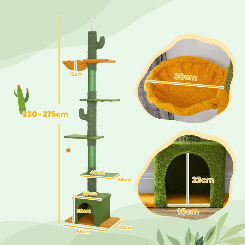 PawHut Deckenhoher Kratzbaum Grün mit Katzenhöhle, Hängematte und Spielzeug, B/T/H: 34 x 55 x 275 cm - Bild 5